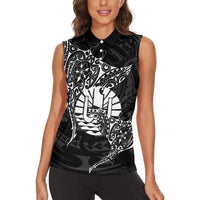 French Polynesia Manta Ray Tattoo Women Sleeveless Polo Shirt Tahiti Hahalua Turtle Shark Black Color