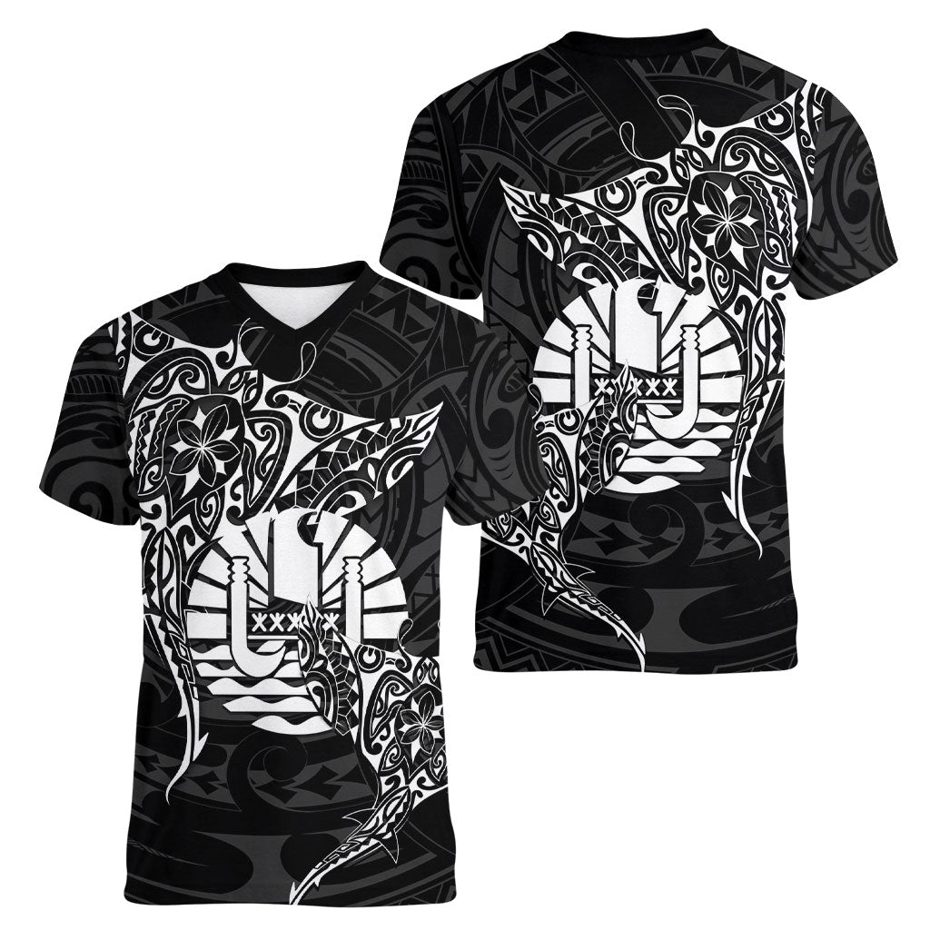 French Polynesia Manta Ray Tattoo Women V-Neck T-Shirt Tahiti Hahalua Turtle Shark Black Color