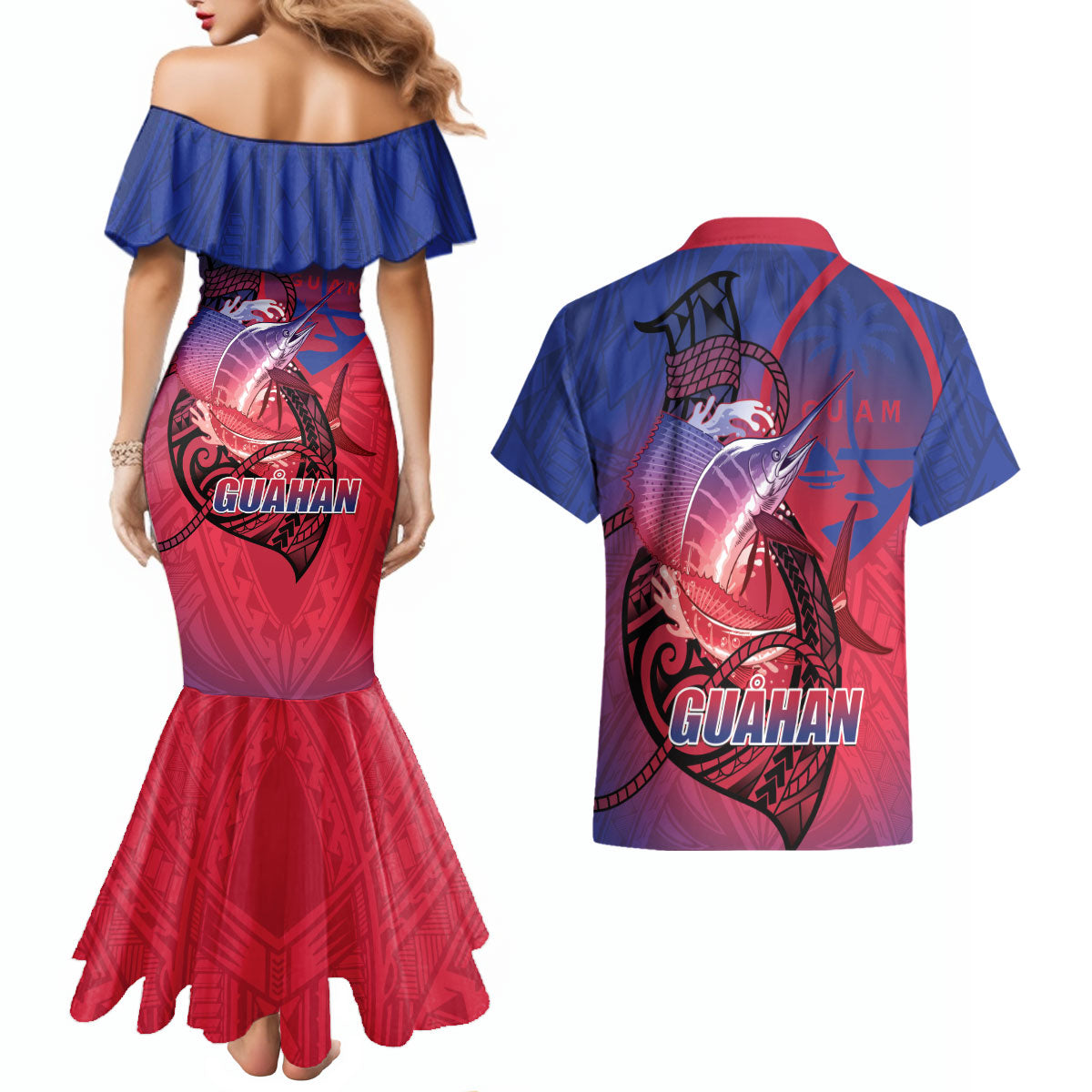 Guam Blue Marlin Fishing Couples Matching Mermaid Dress and Hawaiian Shirt Guahan Fish Hook Tattoo