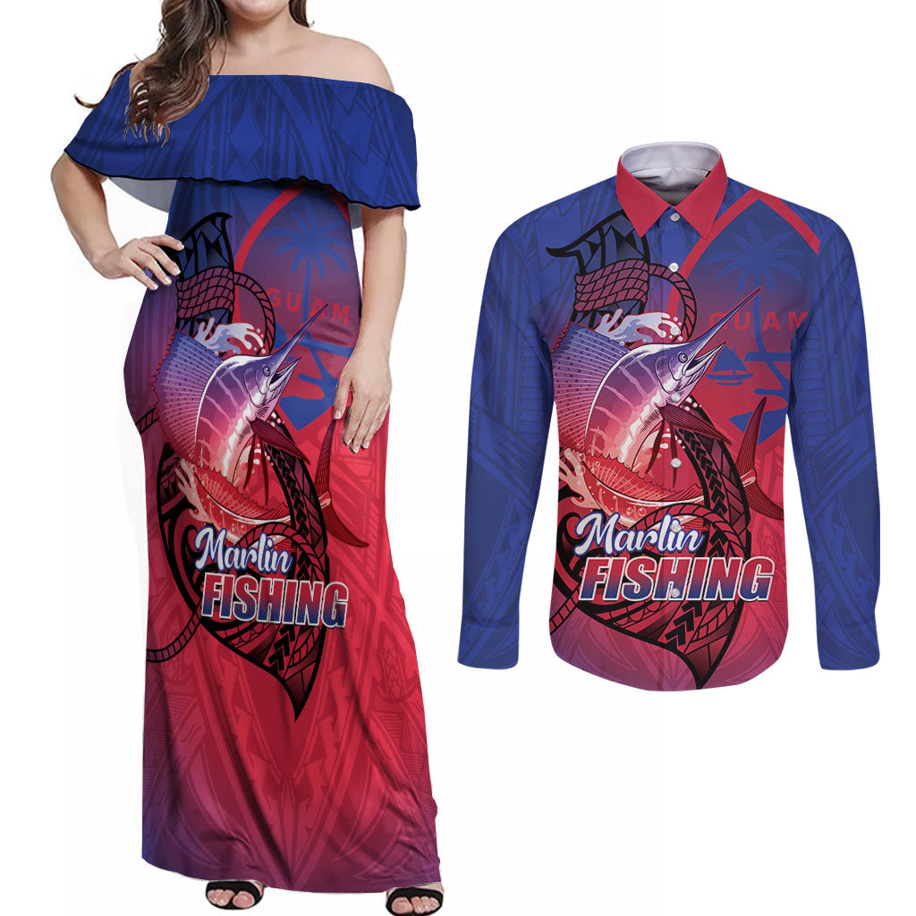 Guam Blue Marlin Fishing Couples Matching Off Shoulder Maxi Dress and Long Sleeve Button Shirt Guahan Fish Hook Tattoo