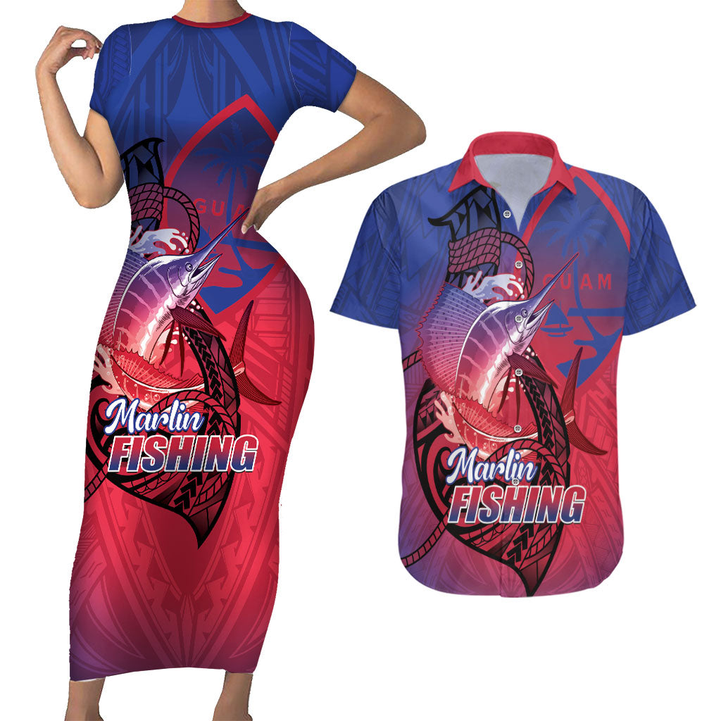 Guam Blue Marlin Fishing Couples Matching Short Sleeve Bodycon Dress and Hawaiian Shirt Guahan Fish Hook Tattoo