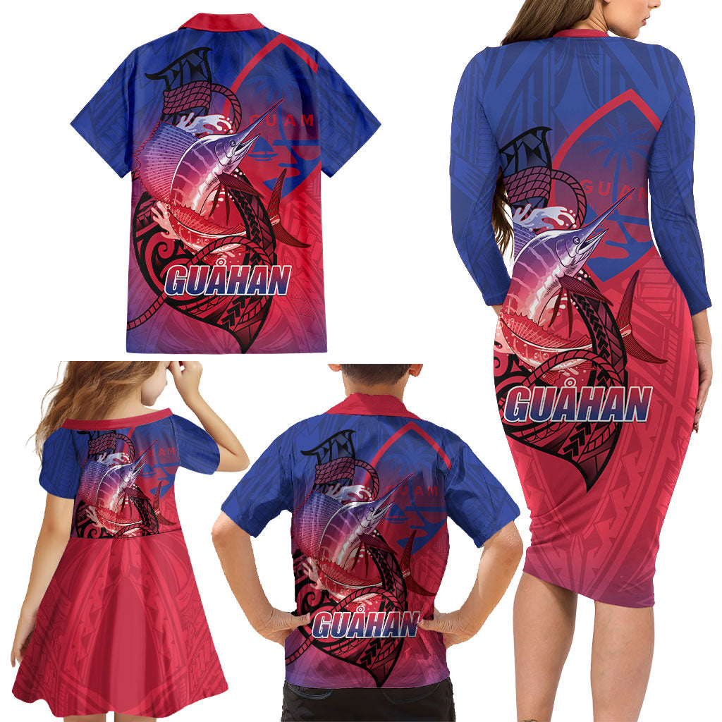 Guam Blue Marlin Fishing Family Matching Long Sleeve Bodycon Dress and Hawaiian Shirt Guahan Fish Hook Tattoo