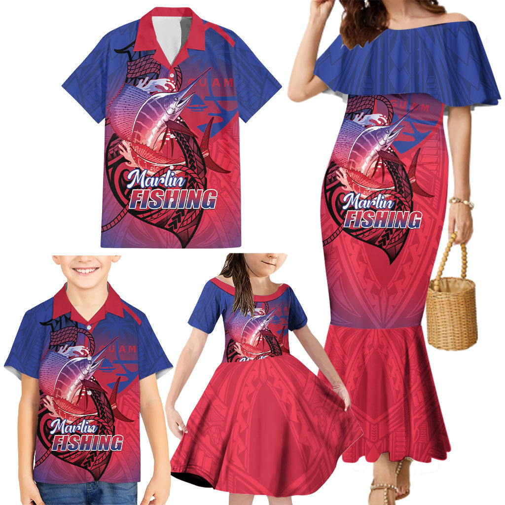 Guam Blue Marlin Fishing Family Matching Mermaid Dress and Hawaiian Shirt Guahan Fish Hook Tattoo