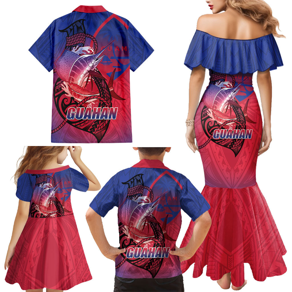 Guam Blue Marlin Fishing Family Matching Mermaid Dress and Hawaiian Shirt Guahan Fish Hook Tattoo