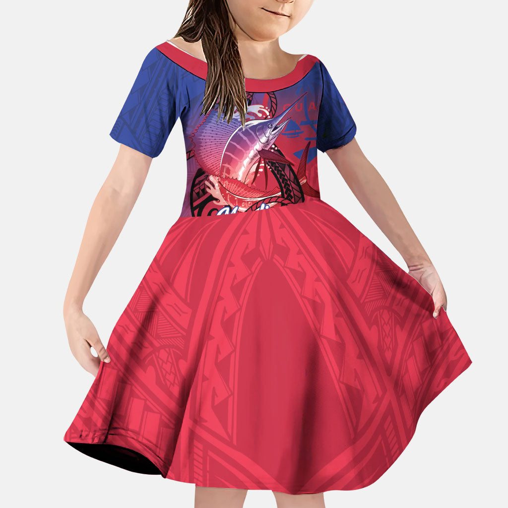 Guam Blue Marlin Fishing Family Matching Off The Shoulder Long Sleeve Dress and Hawaiian Shirt Guahan Fish Hook Tattoo
