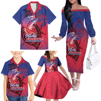 Guam Blue Marlin Fishing Family Matching Off The Shoulder Long Sleeve Dress and Hawaiian Shirt Guahan Fish Hook Tattoo