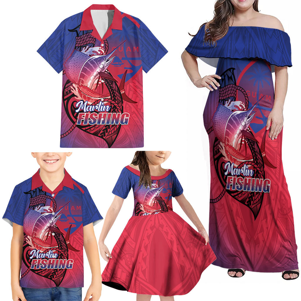 Guam Blue Marlin Fishing Family Matching Off Shoulder Maxi Dress and Hawaiian Shirt Guahan Fish Hook Tattoo
