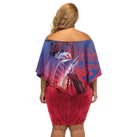 Guam Blue Marlin Fishing Family Matching Off Shoulder Short Dress and Hawaiian Shirt Guahan Fish Hook Tattoo