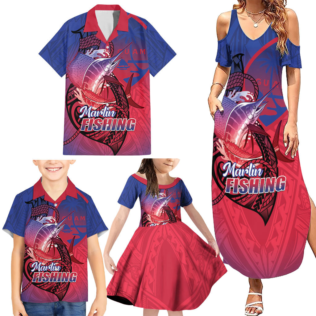 Guam Blue Marlin Fishing Family Matching Summer Maxi Dress and Hawaiian Shirt Guahan Fish Hook Tattoo