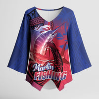 Guam Blue Marlin Fishing Kimono Sleeve Blouse Guahan Fish Hook Tattoo LT14 Female Blue - Polynesian Pride