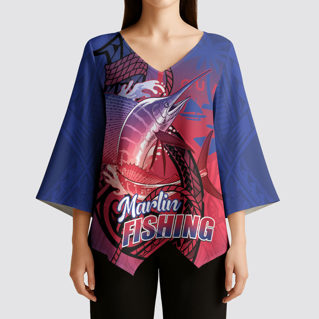 Guam Blue Marlin Fishing Kimono Sleeve Blouse Guahan Fish Hook Tattoo LT14 - Polynesian Pride