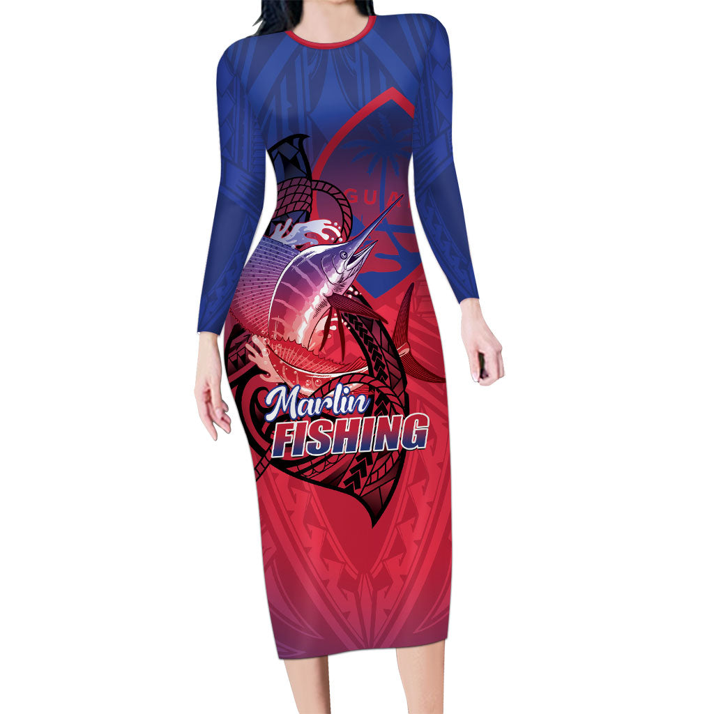 Guam Blue Marlin Fishing Long Sleeve Bodycon Dress Guahan Fish Hook Tattoo LT14 Long Dress Blue - Polynesian Pride