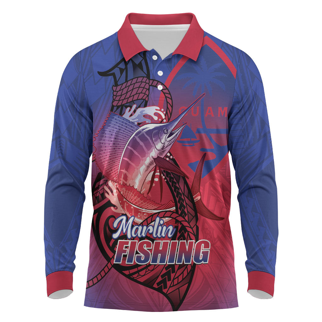 Guam Blue Marlin Fishing Long Sleeve Polo Shirt Guahan Fish Hook Tattoo LT14 Blue - Polynesian Pride