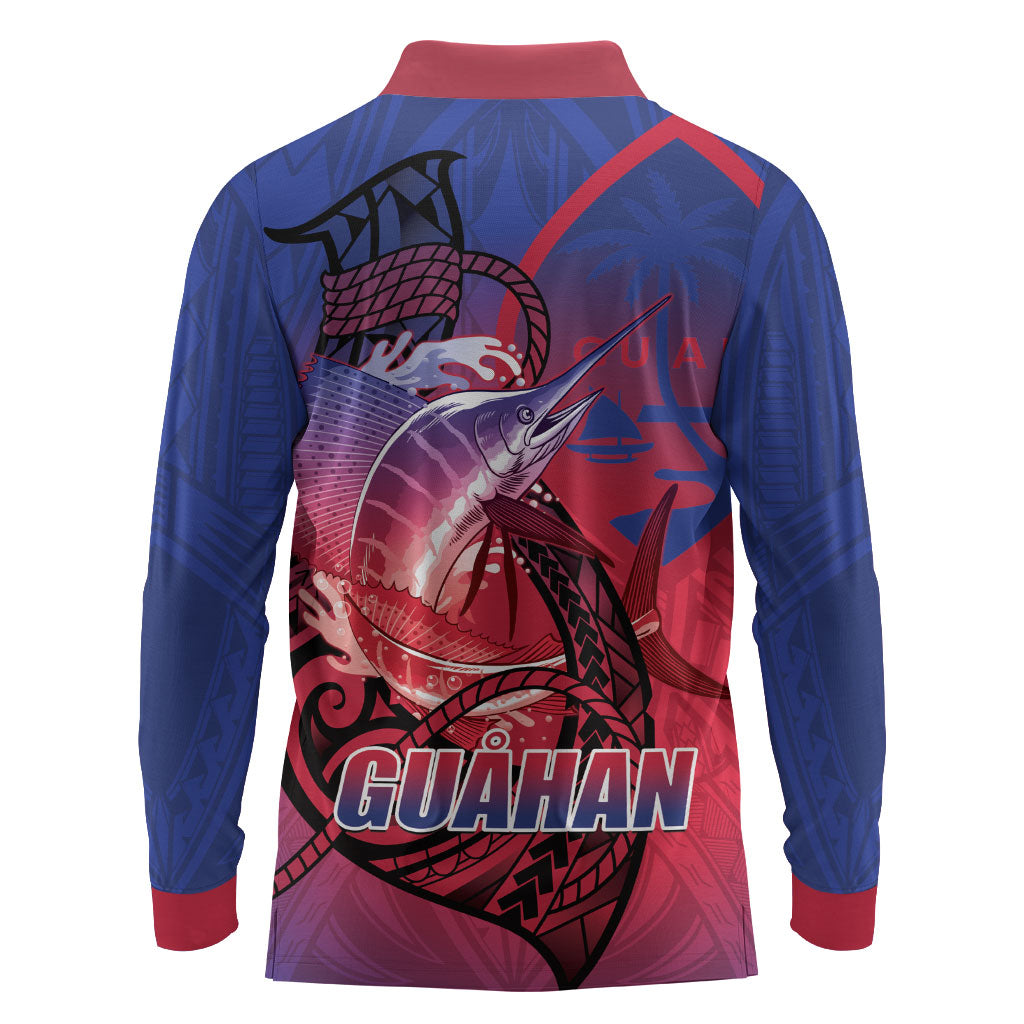 Guam Blue Marlin Fishing Long Sleeve Polo Shirt Guahan Fish Hook Tattoo LT14 - Polynesian Pride