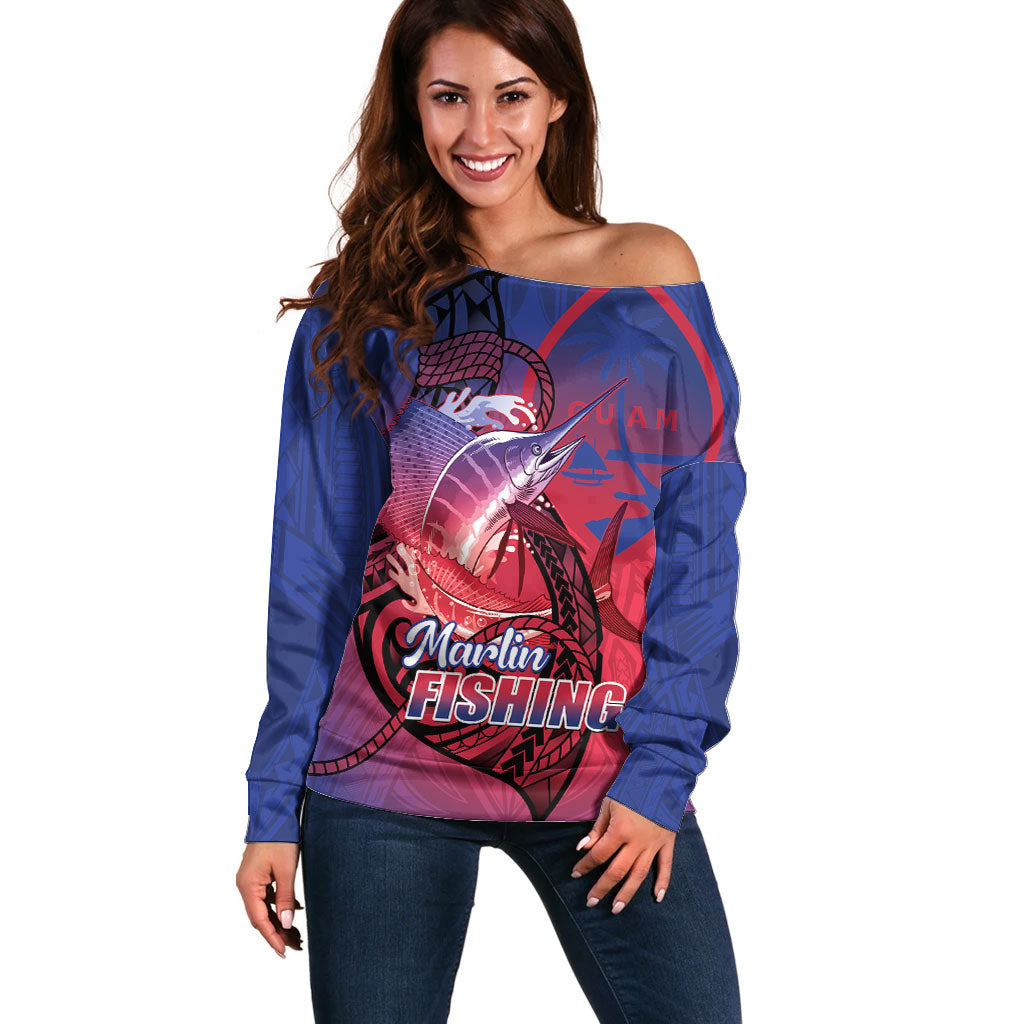 Guam Blue Marlin Fishing Off Shoulder Sweater Guahan Fish Hook Tattoo