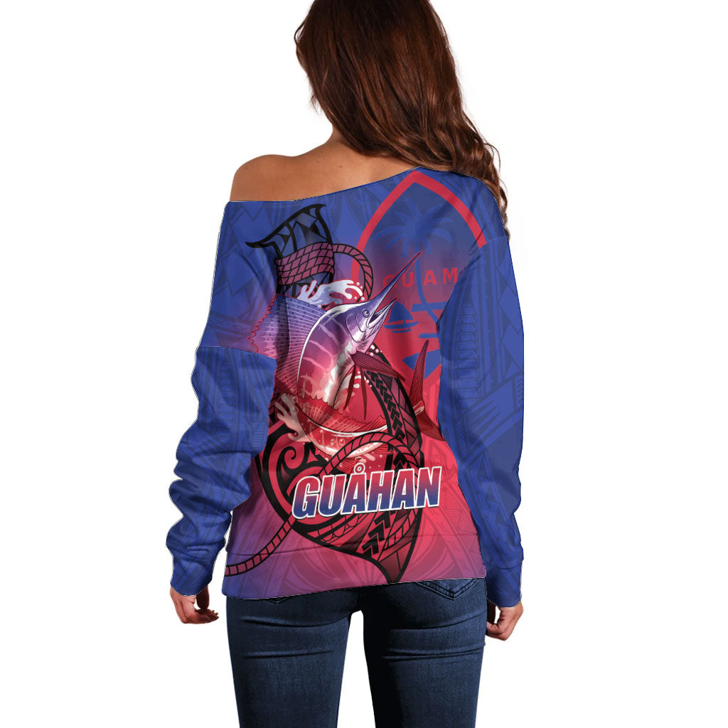 Guam Blue Marlin Fishing Off Shoulder Sweater Guahan Fish Hook Tattoo