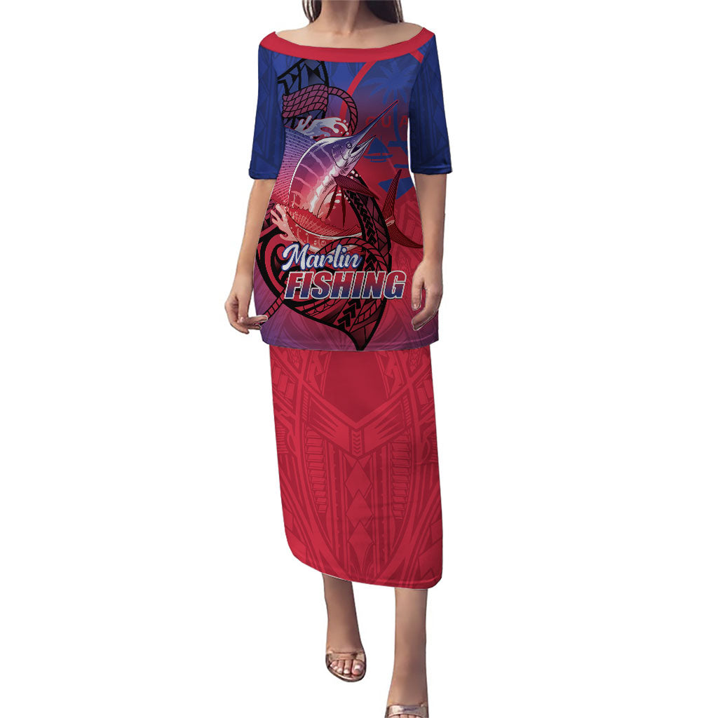 Guam Blue Marlin Fishing Puletasi Guahan Fish Hook Tattoo LT14 Long Dress Blue - Polynesian Pride