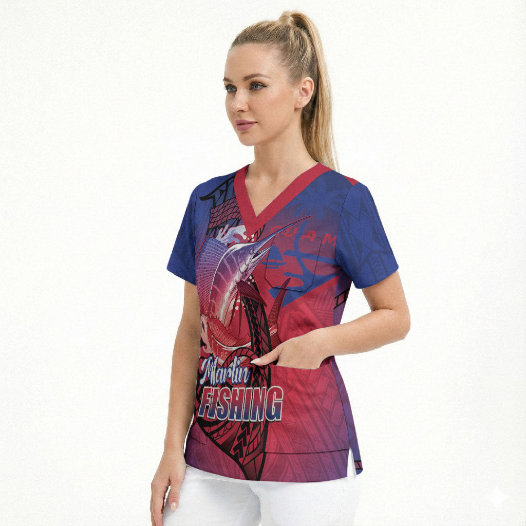 Guam Blue Marlin Fishing Scrub Top Guahan Fish Hook Tattoo LT14 - Polynesian Pride