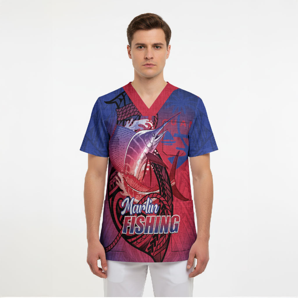 Guam Blue Marlin Fishing Scrub Top Guahan Fish Hook Tattoo LT14 - Polynesian Pride
