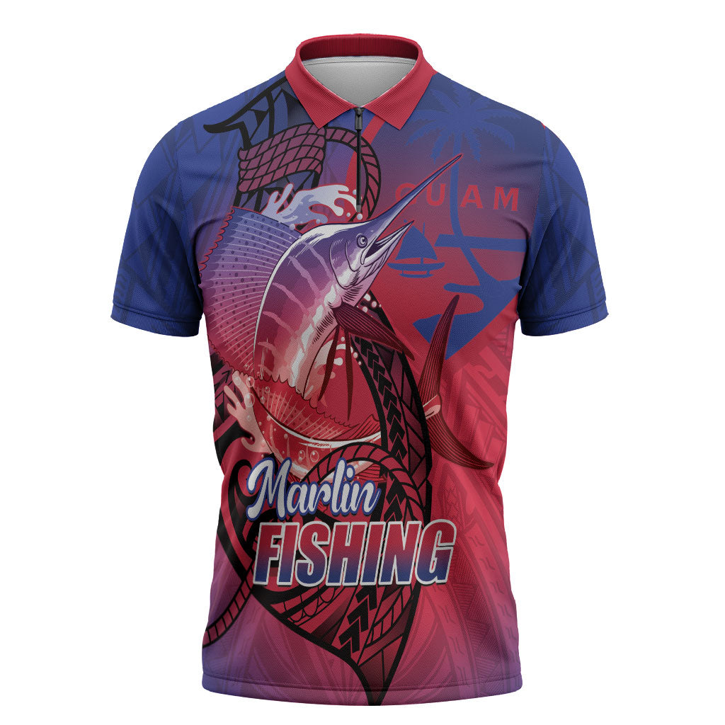 Guam Blue Marlin Fishing Zipper Polo Shirt Guahan Fish Hook Tattoo LT14 Blue - Polynesian Pride