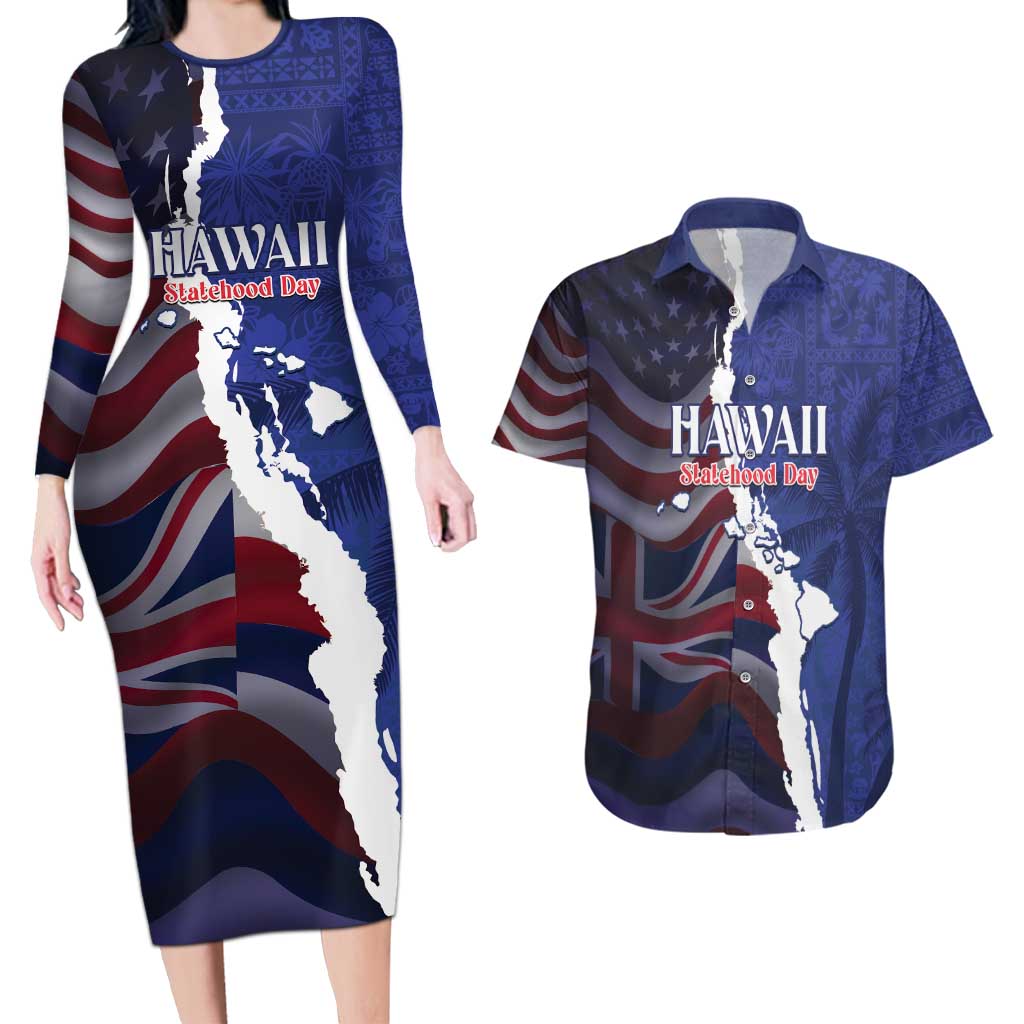 Personalized Hawaii Statehood Day Couples Matching Long Sleeve Bodycon Dress and Hawaiian Shirt 66th Anniversary LT14 Blue - Polynesian Pride