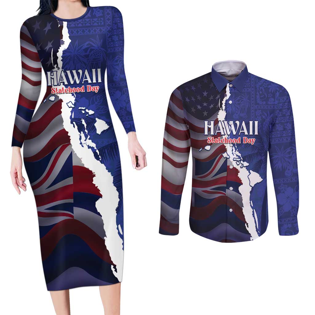 Personalized Hawaii Statehood Day Couples Matching Long Sleeve Bodycon Dress and Long Sleeve Button Shirt 66th Anniversary LT14 Blue - Polynesian Pride