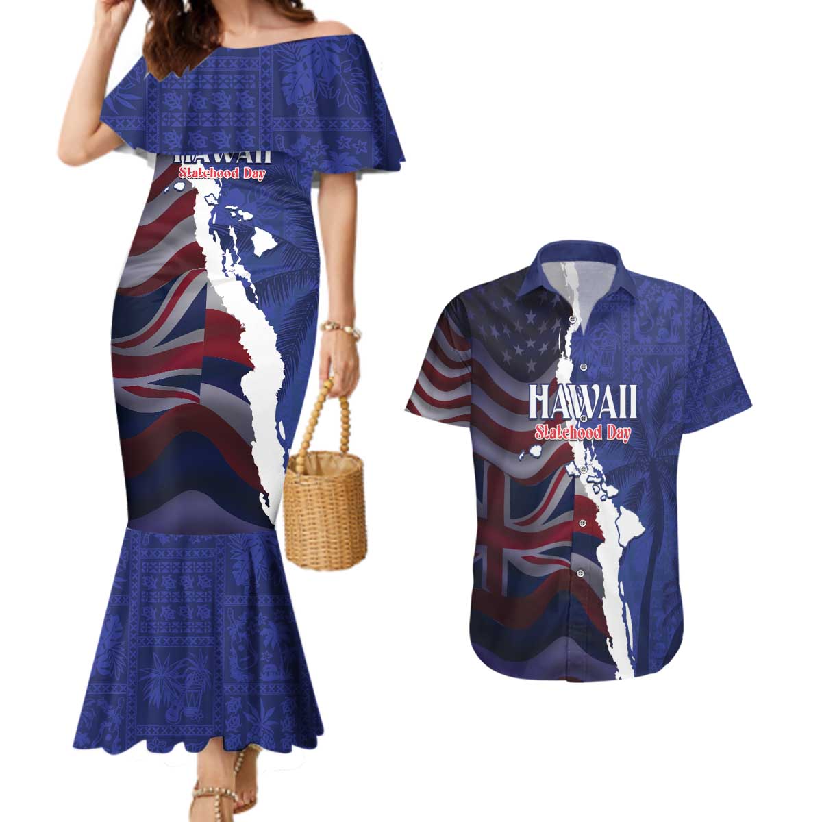 Personalized Hawaii Statehood Day Couples Matching Mermaid Dress and Hawaiian Shirt 66th Anniversary LT14 Blue - Polynesian Pride