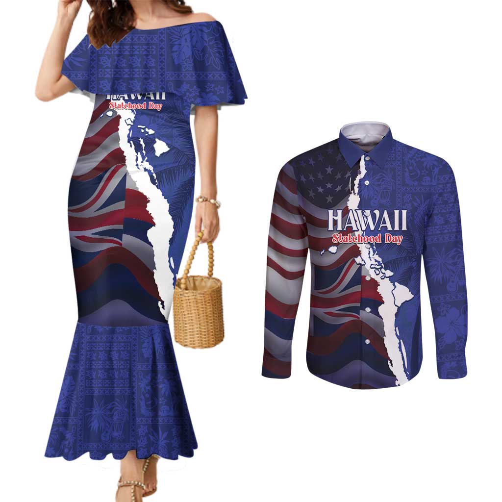 Personalized Hawaii Statehood Day Couples Matching Mermaid Dress and Long Sleeve Button Shirt 66th Anniversary LT14 Blue - Polynesian Pride