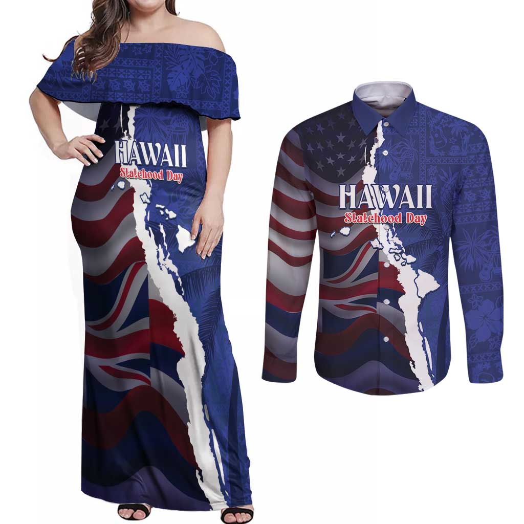Personalized Hawaii Statehood Day Couples Matching Off Shoulder Maxi Dress and Long Sleeve Button Shirt 66th Anniversary LT14 Blue - Polynesian Pride