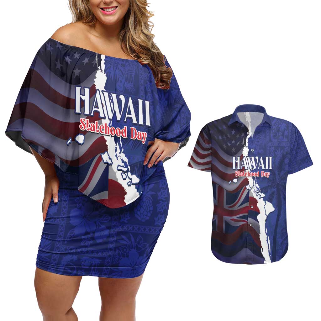 Personalized Hawaii Statehood Day Couples Matching Off Shoulder Short Dress and Hawaiian Shirt 66th Anniversary LT14 Blue - Polynesian Pride