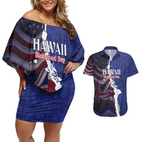 Personalized Hawaii Statehood Day Couples Matching Off Shoulder Short Dress and Hawaiian Shirt 66th Anniversary LT14 Blue - Polynesian Pride