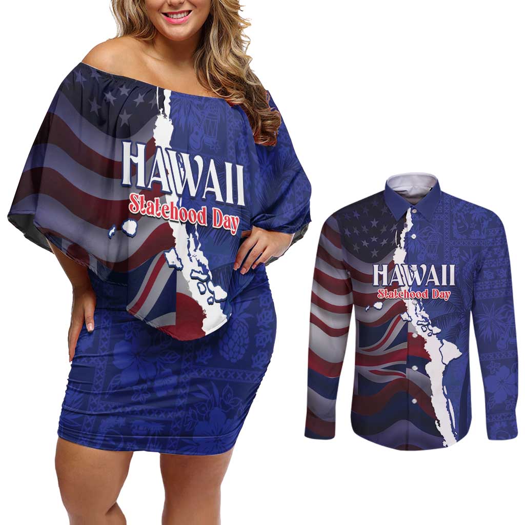 Personalized Hawaii Statehood Day Couples Matching Off Shoulder Short Dress and Long Sleeve Button Shirt 66th Anniversary LT14 Blue - Polynesian Pride