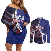 Personalized Hawaii Statehood Day Couples Matching Off Shoulder Short Dress and Long Sleeve Button Shirt 66th Anniversary LT14 Blue - Polynesian Pride