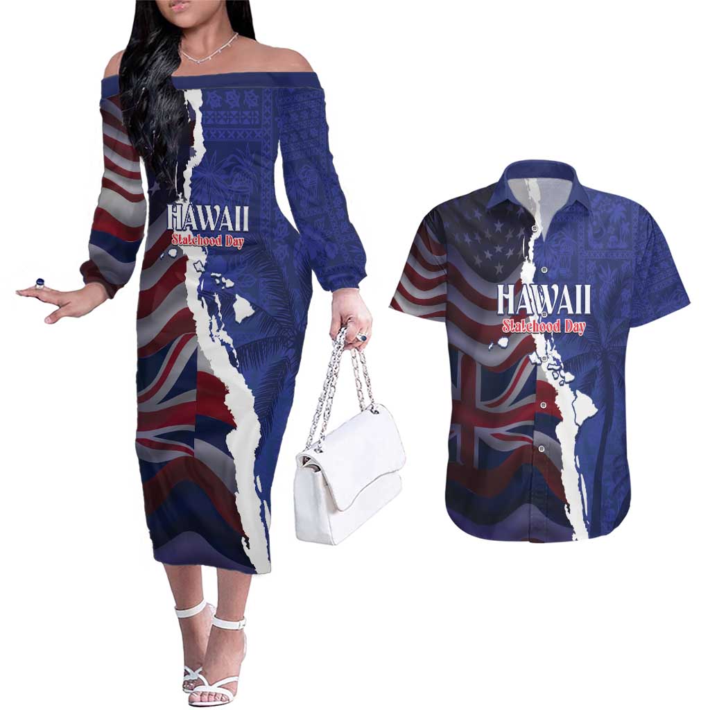 Personalized Hawaii Statehood Day Couples Matching Off The Shoulder Long Sleeve Dress and Hawaiian Shirt 66th Anniversary LT14 Blue - Polynesian Pride