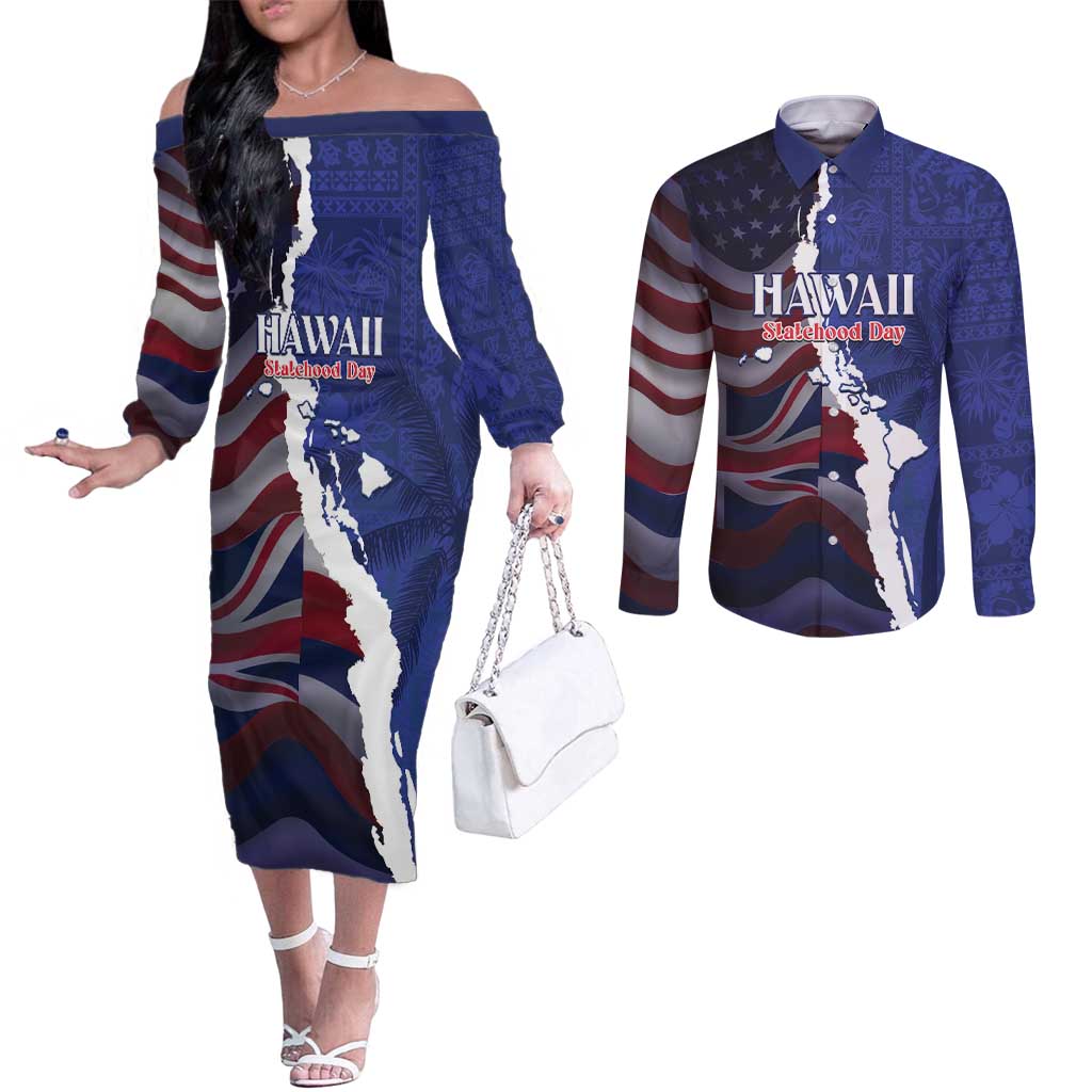 Personalized Hawaii Statehood Day Couples Matching Off The Shoulder Long Sleeve Dress and Long Sleeve Button Shirt 66th Anniversary LT14 Blue - Polynesian Pride