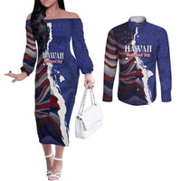 Personalized Hawaii Statehood Day Couples Matching Off The Shoulder Long Sleeve Dress and Long Sleeve Button Shirt 66th Anniversary LT14 Blue - Polynesian Pride