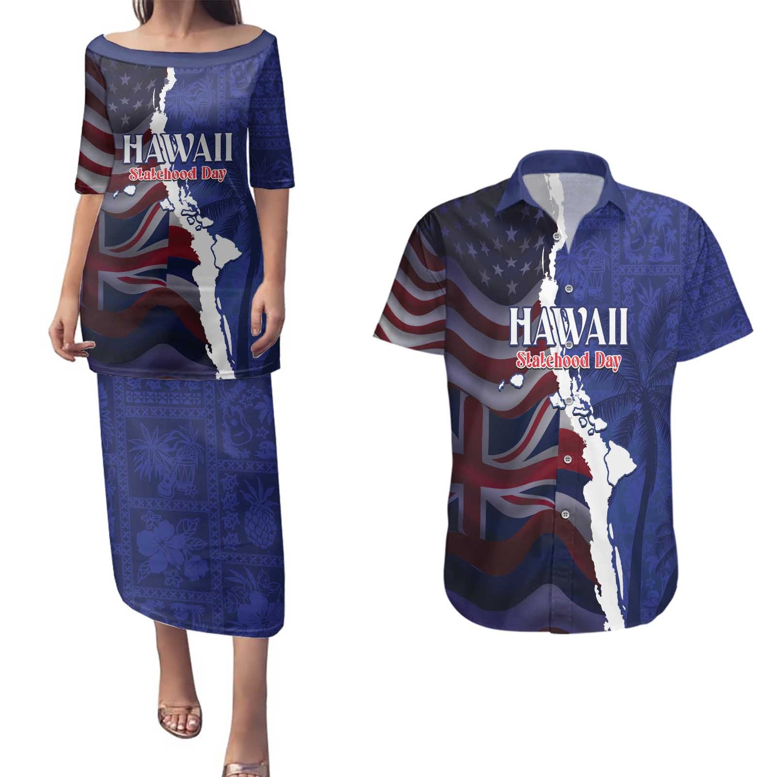 Personalized Hawaii Statehood Day Couples Matching Puletasi and Hawaiian Shirt 66th Anniversary LT14 Blue - Polynesian Pride