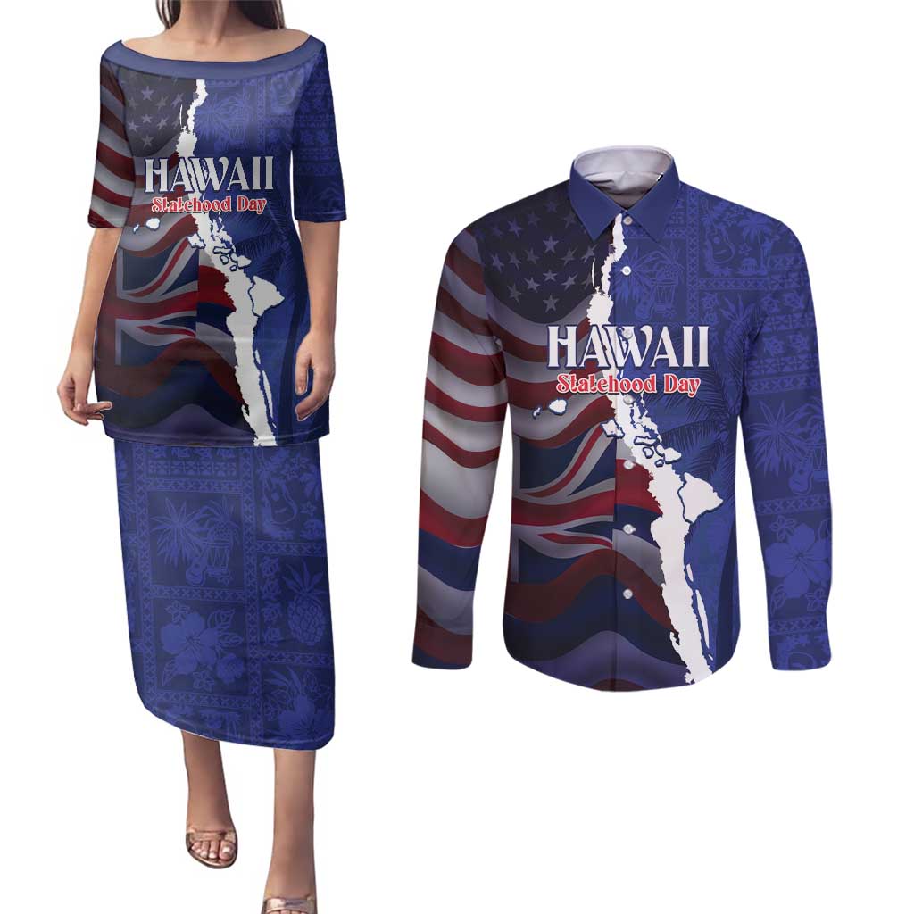 Personalized Hawaii Statehood Day Couples Matching Puletasi and Long Sleeve Button Shirt 66th Anniversary LT14 Blue - Polynesian Pride