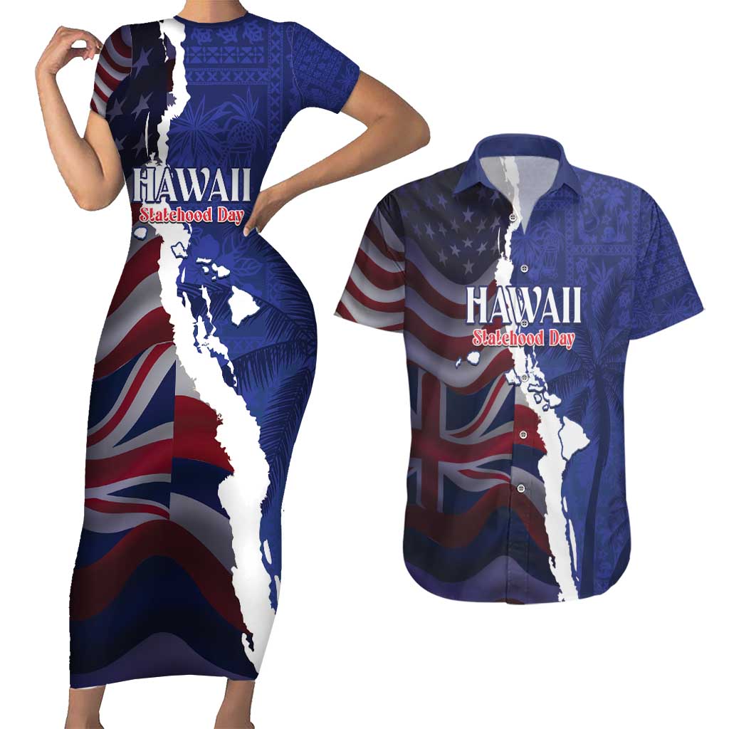 Personalized Hawaii Statehood Day Couples Matching Short Sleeve Bodycon Dress and Hawaiian Shirt 66th Anniversary LT14 Blue - Polynesian Pride