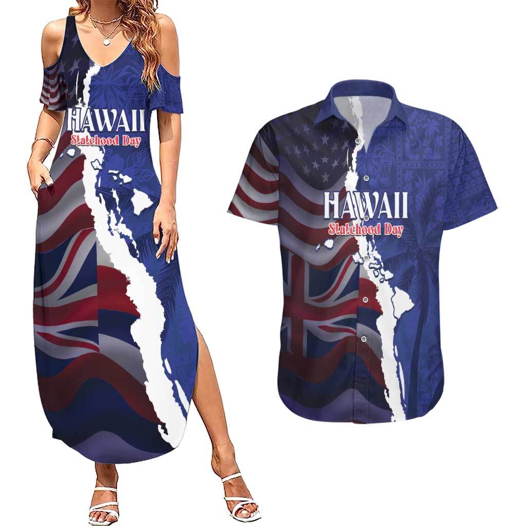 Personalized Hawaii Statehood Day Couples Matching Summer Maxi Dress and Hawaiian Shirt 66th Anniversary LT14 Blue - Polynesian Pride