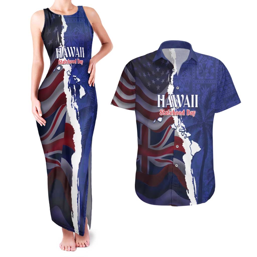 Personalized Hawaii Statehood Day Couples Matching Tank Maxi Dress and Hawaiian Shirt 66th Anniversary LT14 Blue - Polynesian Pride