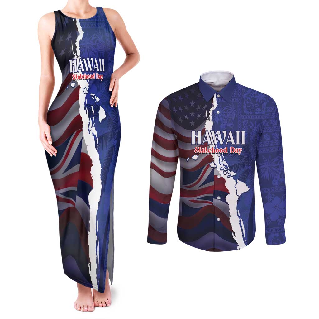 Personalized Hawaii Statehood Day Couples Matching Tank Maxi Dress and Long Sleeve Button Shirt 66th Anniversary LT14 Blue - Polynesian Pride
