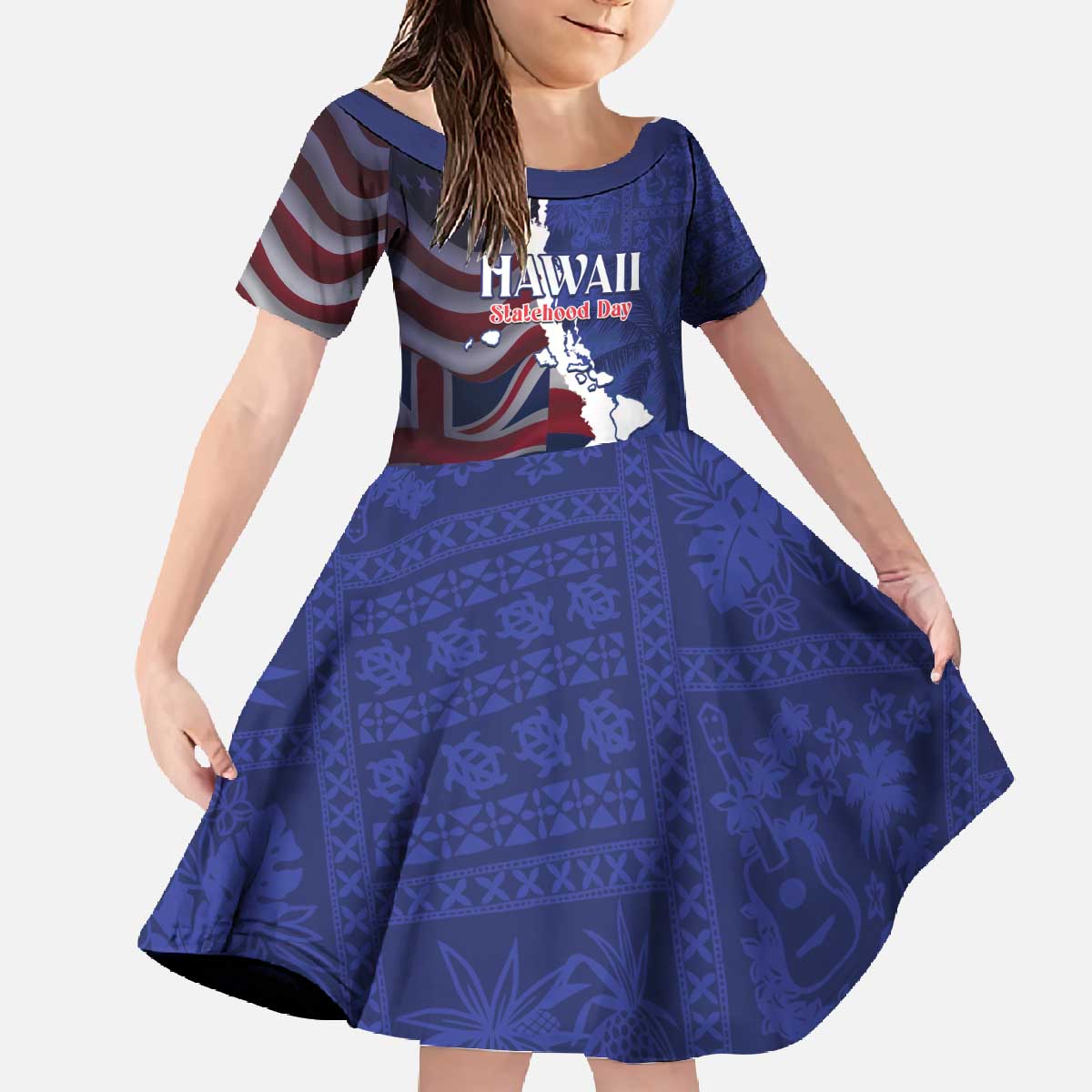 Personalized Hawaii Statehood Day Family Matching Off The Shoulder Long Sleeve Dress and Hawaiian Shirt 66th Anniversary - Polynesian Pride