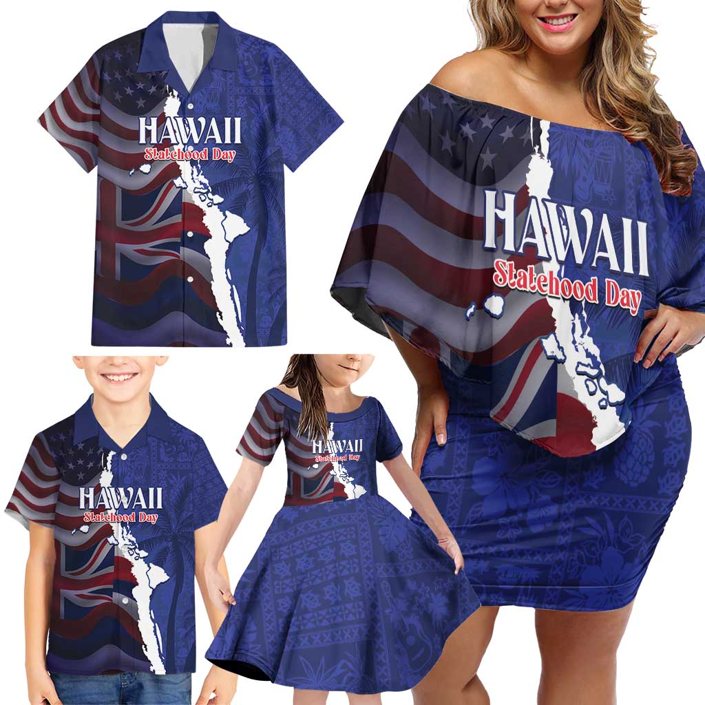 Personalized Hawaii Statehood Day Family Matching Off Shoulder Short Dress and Hawaiian Shirt 66th Anniversary LT14 - Polynesian Pride