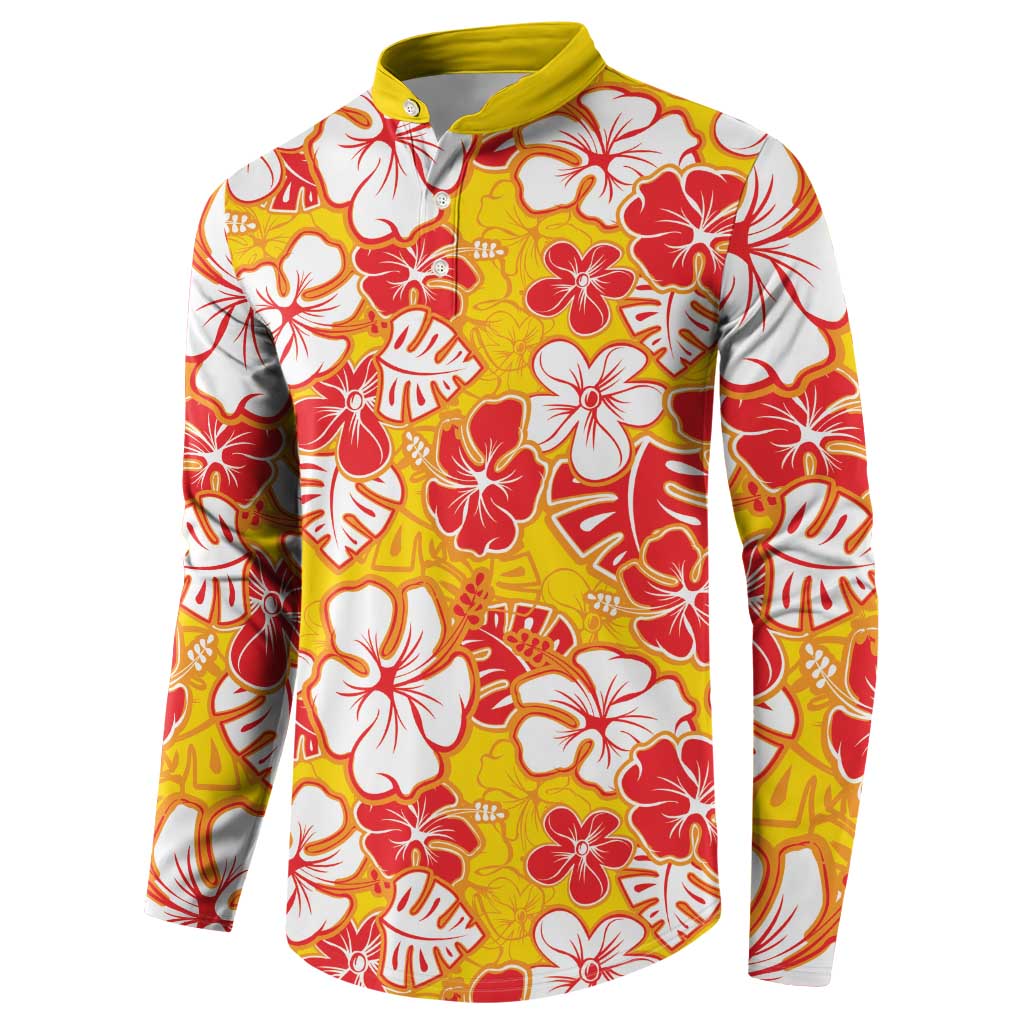 Yellow Hawaii Hibiscus Button Sweatshirt Tropical Flowers Seamless Pattern - Polynesian Pride