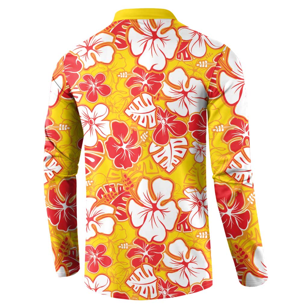 Yellow Hawaii Hibiscus Button Sweatshirt Tropical Flowers Seamless Pattern - Polynesian Pride