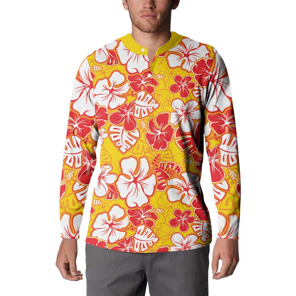 Yellow Hawaii Hibiscus Button Sweatshirt Tropical Flowers Seamless Pattern - Polynesian Pride