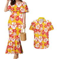 Yellow Hawaii Hibiscus Couples Matching Mermaid Dress and Hawaiian Shirt Tropical Flowers Seamless Pattern - Polynesian Pride