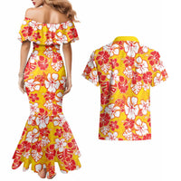Yellow Hawaii Hibiscus Couples Matching Mermaid Dress and Hawaiian Shirt Tropical Flowers Seamless Pattern - Polynesian Pride