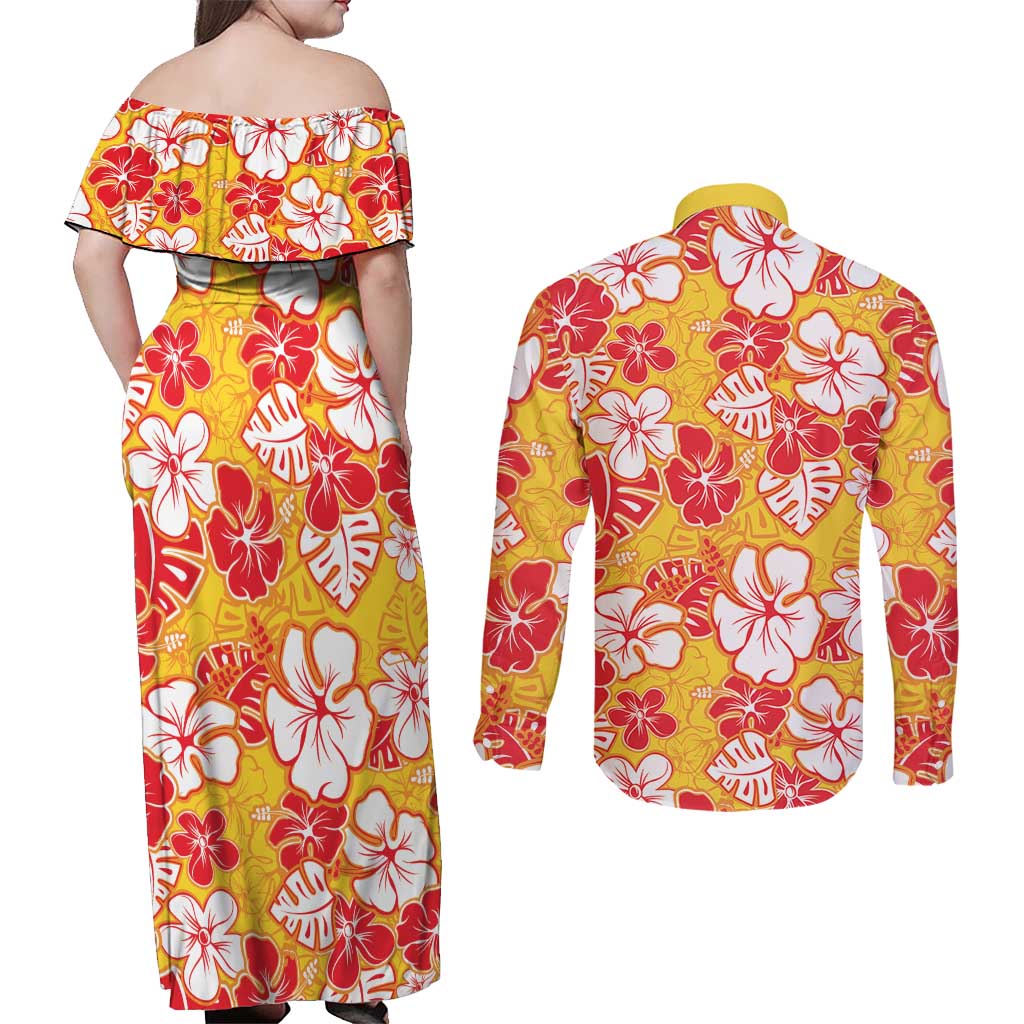 Yellow Hawaii Hibiscus Couples Matching Off Shoulder Maxi Dress and Long Sleeve Button Shirt Tropical Flowers Seamless Pattern - Polynesian Pride